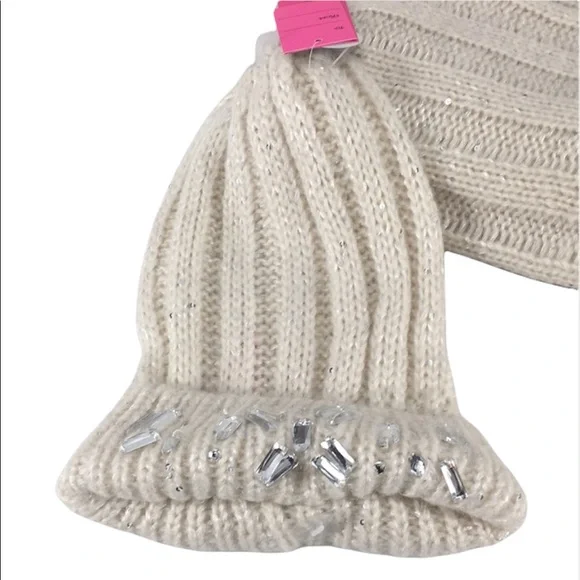Betsey Johnson Infinity Scarf & Jeweled Beanie, Cream - Picture 2 of 5